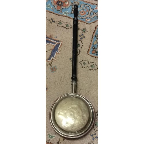 13 - Victorian long handle brass warming pan with engraved patterning