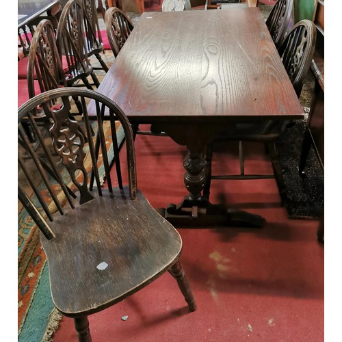 56 - Dark oak refectory table and 6 x wheel back chairs