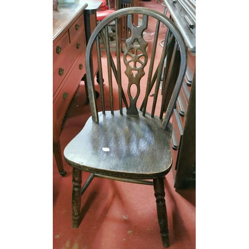 56 - Dark oak refectory table and 6 x wheel back chairs