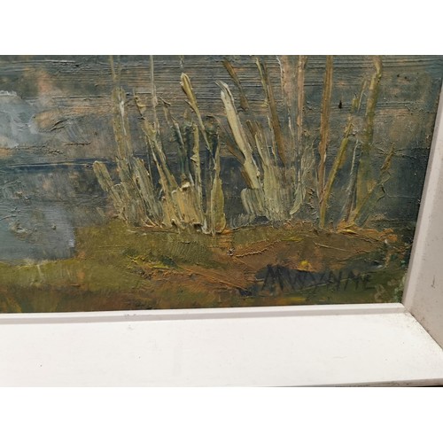 98 - 64 x 54 cm framed oil on board by Margaret Wynne of laboratories at Latham dated 1972