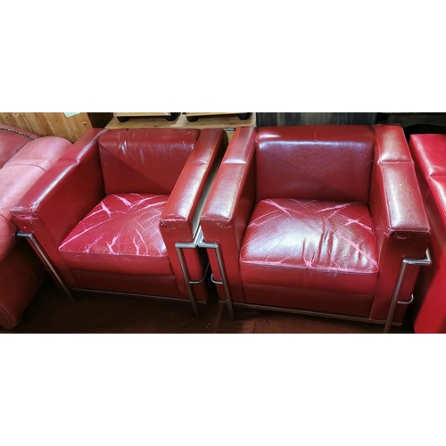 258 - Pair of retro look faux red leather chairs with chrome frame