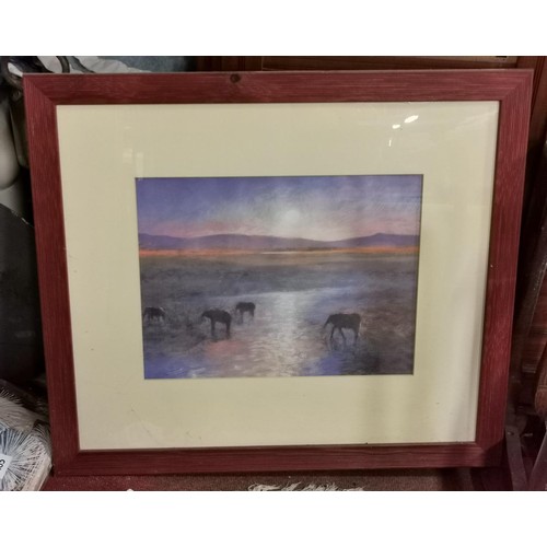 306 - 74 x 64.5 cm framed and mounted Masai Mara print showing elephants at watering hole at sunset