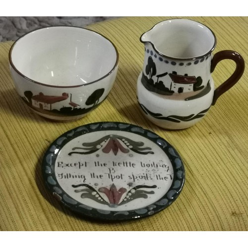 322 - Vintage Devon motto ware jug, plate and bowl