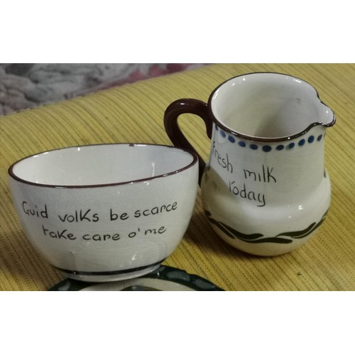 322 - Vintage Devon motto ware jug, plate and bowl