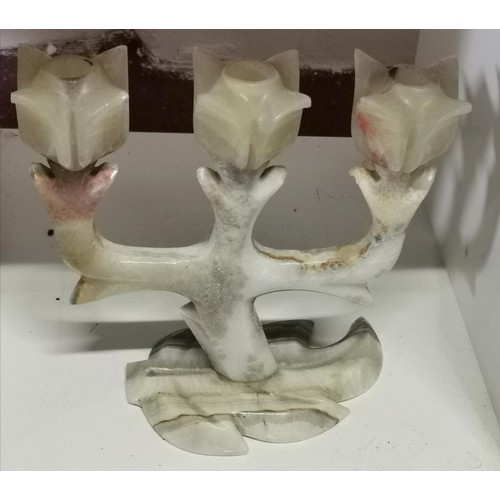 367 - Carved onyx triple candelabra with flower petal tops