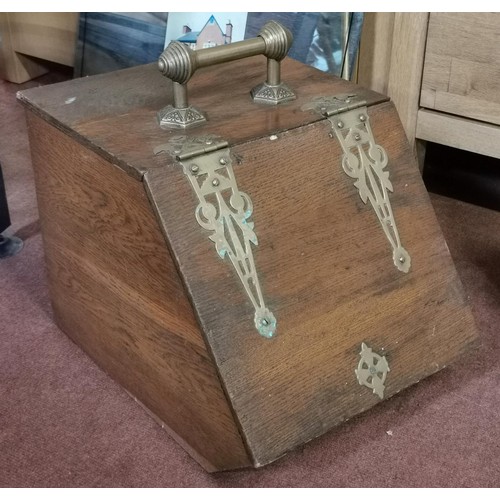 377 - Old oak with brass hinges and handle coal bucket