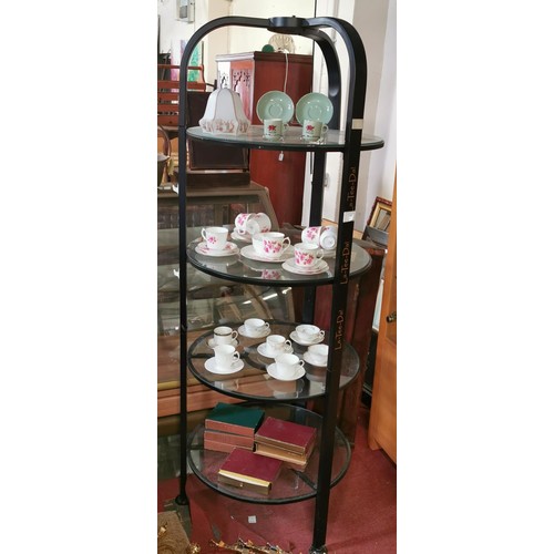 395 - 6 ft tall and 71 cm diameter metal framed 4 glass shelf island display stand