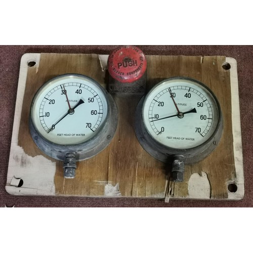 404 - Pair of large altitude gauges and fire bell button mounted onto 45.5 x 30 cm panel