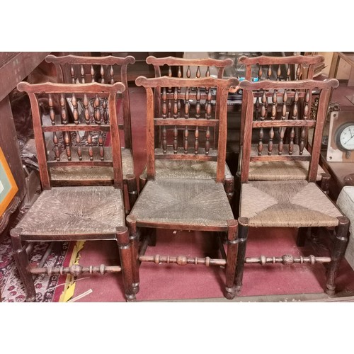 470 - Set of 6 spindle back rush seated chairs