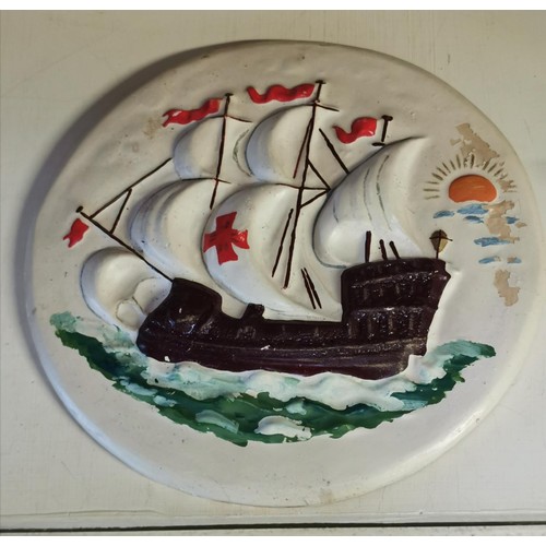 670 - Approx 20 cm diameter ceramic galleon wall plaque