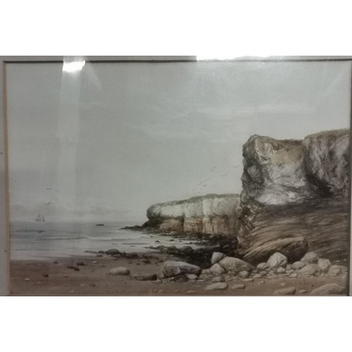 696 - 78 x 59 cm framed and mounted late 19th century water colour view of cliffs and sea from a beach pai... 