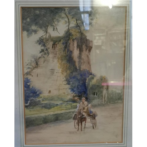 738 - 33.5 x 41 cm framed and mounted water colour horse and cart with building back ground painting