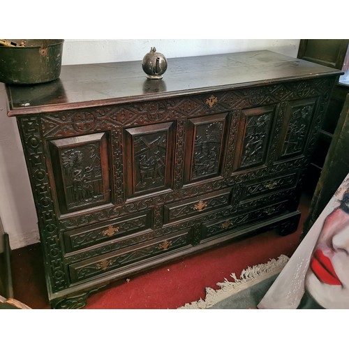 745a - Stunning Georgian carved oak mule chest with possibly 19th century carvings with picture story panel... 