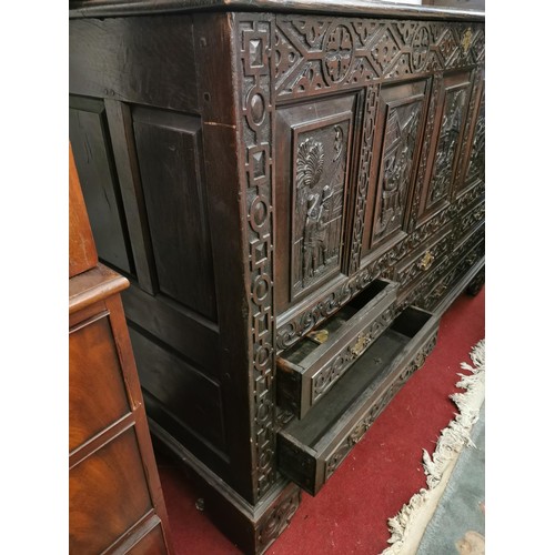 745a - Stunning Georgian carved oak mule chest with possibly 19th century carvings with picture story panel... 