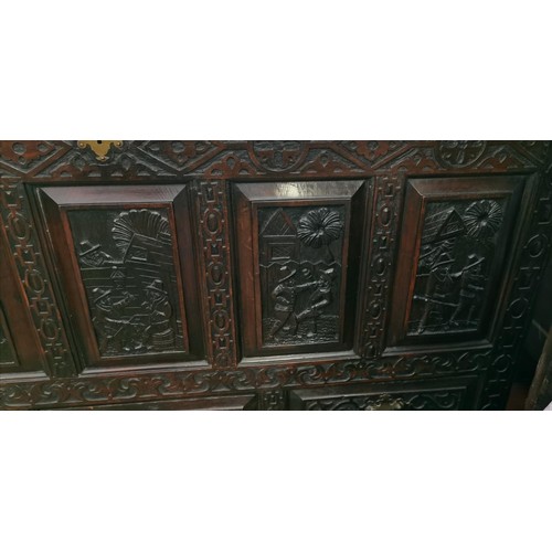 745a - Stunning Georgian carved oak mule chest with possibly 19th century carvings with picture story panel... 