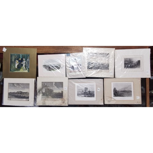 375a - Bundle of 9 x assorted lithographs, etchings and prints in mounts