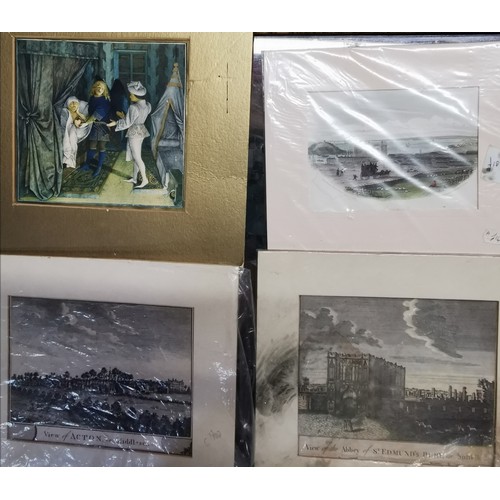 375a - Bundle of 9 x assorted lithographs, etchings and prints in mounts