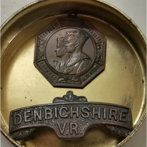 70 - Old Denbighshire VR badge and Denbighshire CC 1937 bronze royal medallion