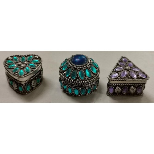 73 - 3 x retro Traidcraft (fair trade) white metal and jewelled pill boxes