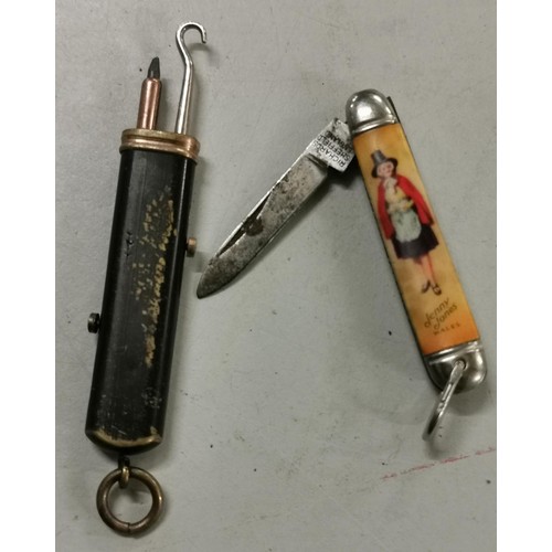 76 - Vintage ladies purse push up pencil/button hook & Jenny Jones Wales ladies purse penknife