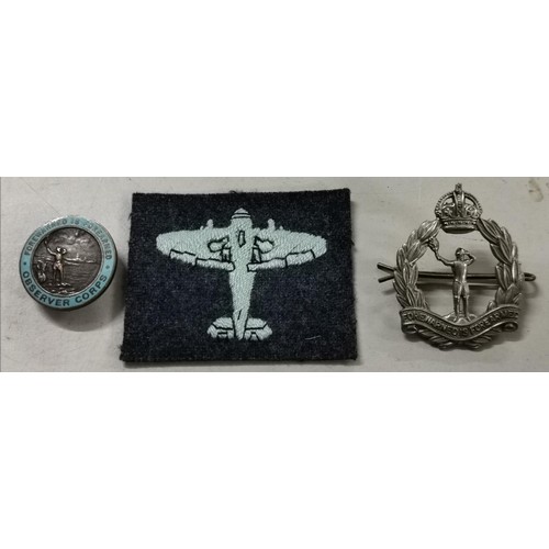 85 - Royal Observer Corps cap badge, enamel badge & other cloth patch