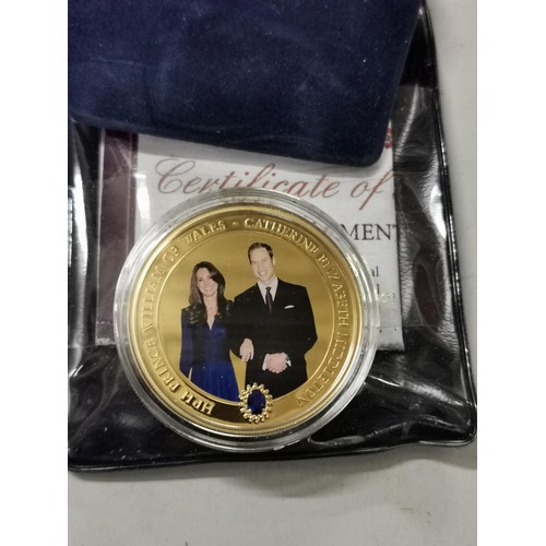 91 - Westminster Collection William & Catherine engagement gold plated 2010 Cook Island $1 coin in pouch ... 
