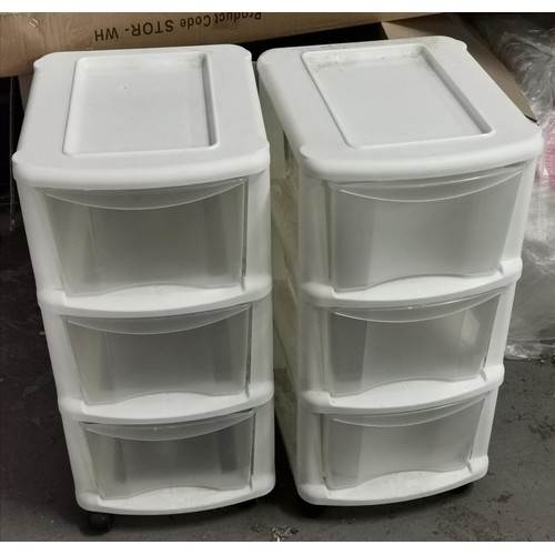 108 - Pair of 33 x 40 x 68 cm tall plastic 3 drawer storage units on wheels