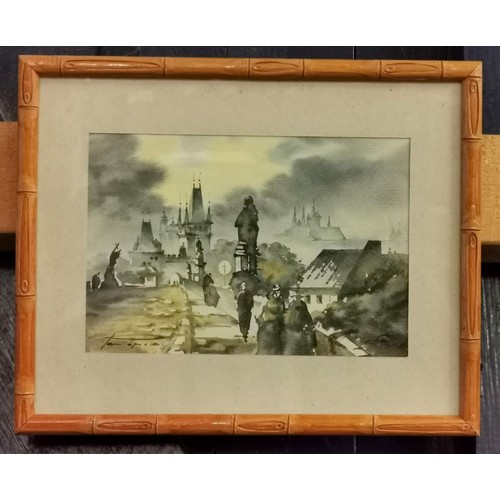 156 - Approx 27 x 22 cm framed and mounted contemporary modern water colour city scape painting