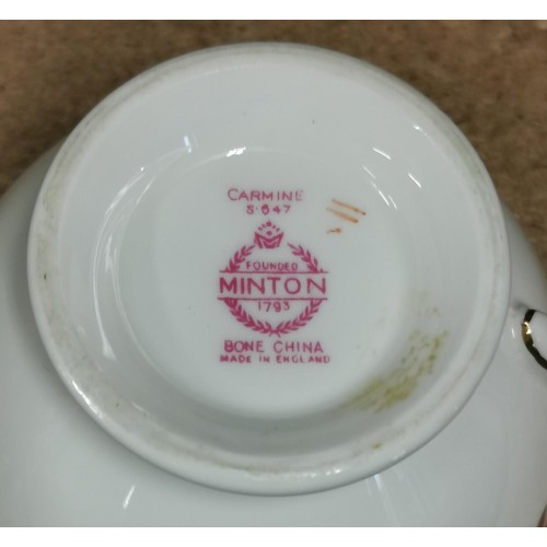 219 - Pair of mid-century Minton Carmine cup, saucer and side plate trios