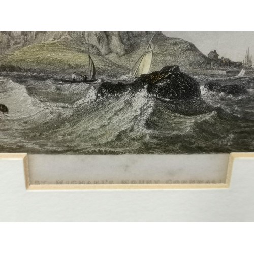 226 - Approx 22 x 20 cm framed and mounted mid 19th century steel engraving of St Michaels Mount Cornwall