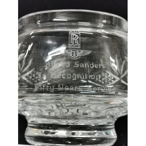 135 - 11.5 cm tall lead crystal bowl engraved to Alfred Sanders in recognition of 50 years service with Ro... 
