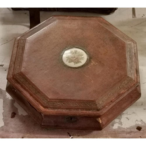 137 - 19th century octagonal leather-bound sewing box