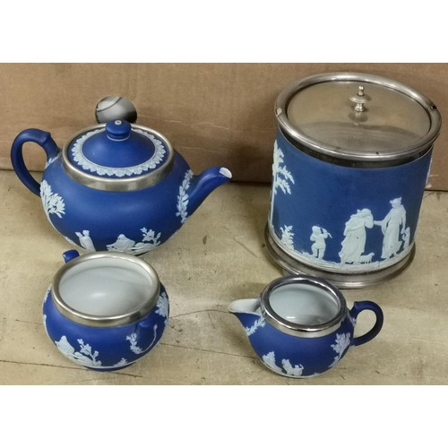 167 - Vintage Wedgwood light on blue Jasperware 3 piece tea service with unstamped white metal rims and si... 