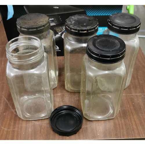 171 - 5 x approx 27 cm tall vintage glass sweet jars with bakelite? screw lids