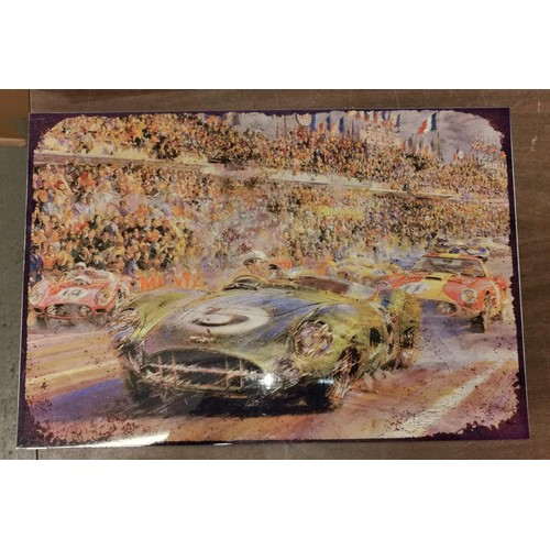 30 - 40 x 26 cm tin vintage motor racing scene plaque