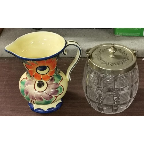 12 - 17 cm tall vintage Portuguese jug (small nick on rim) & cut glass with plated lid biscuit caddy