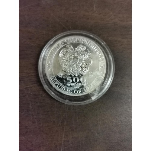 21 - 1 oz silver 2015 Armenian 500 dram coin with Noahs Ark front in perspex case