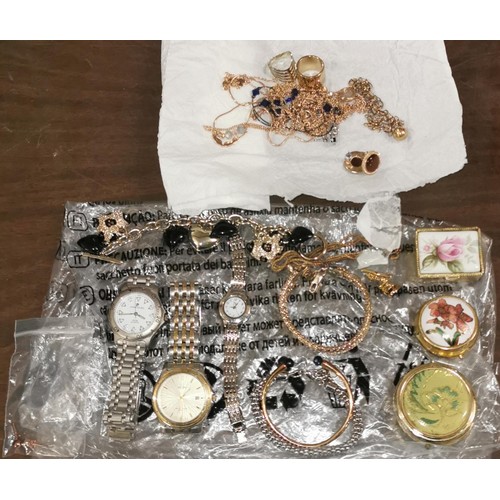 75 - Small bundle of assorted costume jewellery, watches and pill boxes