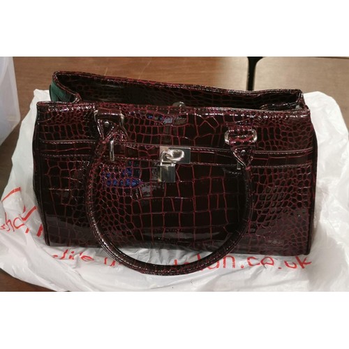 99 - As new ladies patent faux crocodile skin hand bag