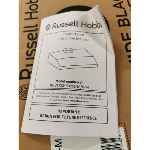 129 - Boxed as new 60 cm wide Russell Hobbs black steel visor cooker hood