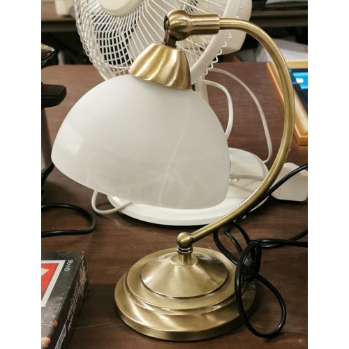 69 - 27 cm tall antique gold swan neck table lamp with marbled glass shade