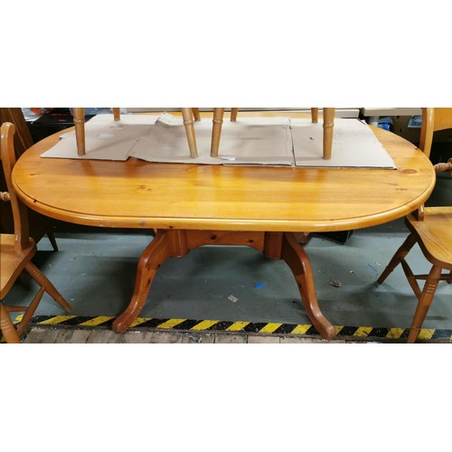 294 - Approx 150 x 100 cm pine oval farmhouse dining table with 6 x chairs