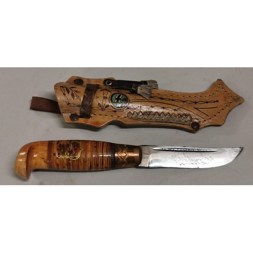 43 - Mid-Century Kauhava Puukko hunting knife by Lisakki Jarvenpaa in ornate leather sheath