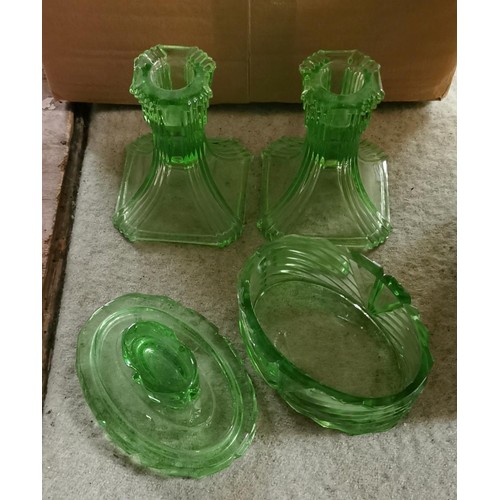 6 - Art deco uranium glass three piece dressing table set