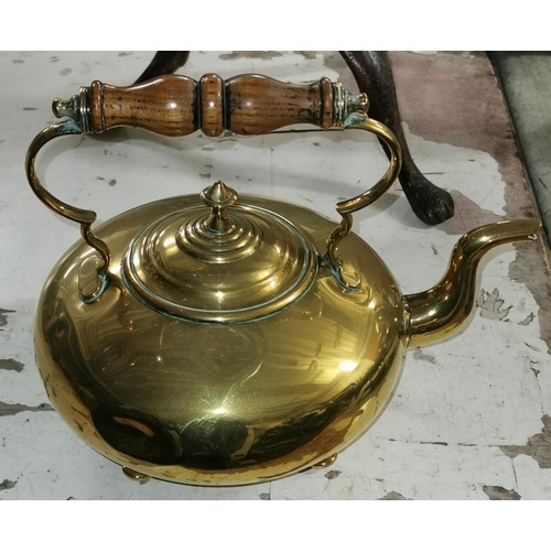 30 - Brass 4 footed kettle with wooden handle