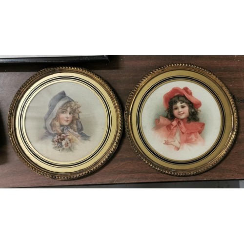 67 - Pair of 19 cm diameter vintage girl/young lady head and shoulder pictures