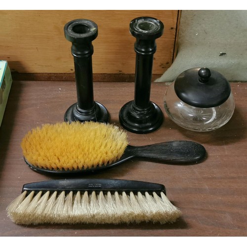 71 - Vintage real ebony dressing table set of brushes and lidded powder pot & pair of similar non-matchin... 