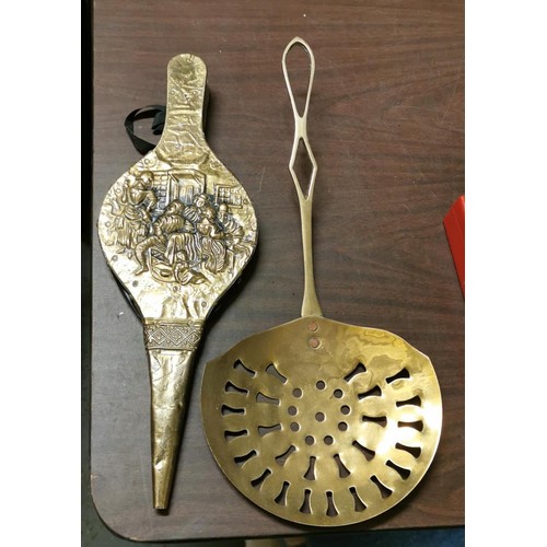 97 - Pair of embossed pattern brass fireside bellows and brass straining spoon