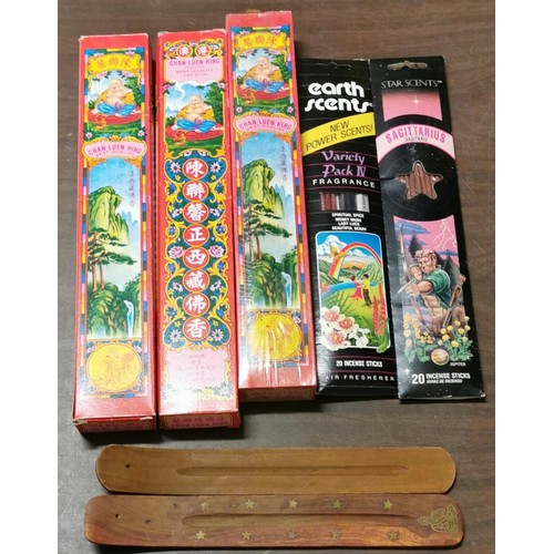 101 - 2 x wooden joss stick holders and 5 x packs of scented joss sticks