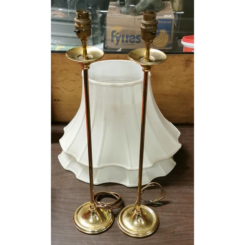 126 - Pair of 2 ft tall brass stick lamps with shades